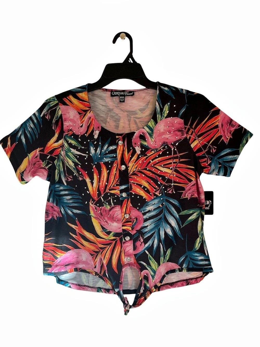 Onque Casual Flamingo Floral Tie-Front Short Sleeve Top Black & Pink Size PXL